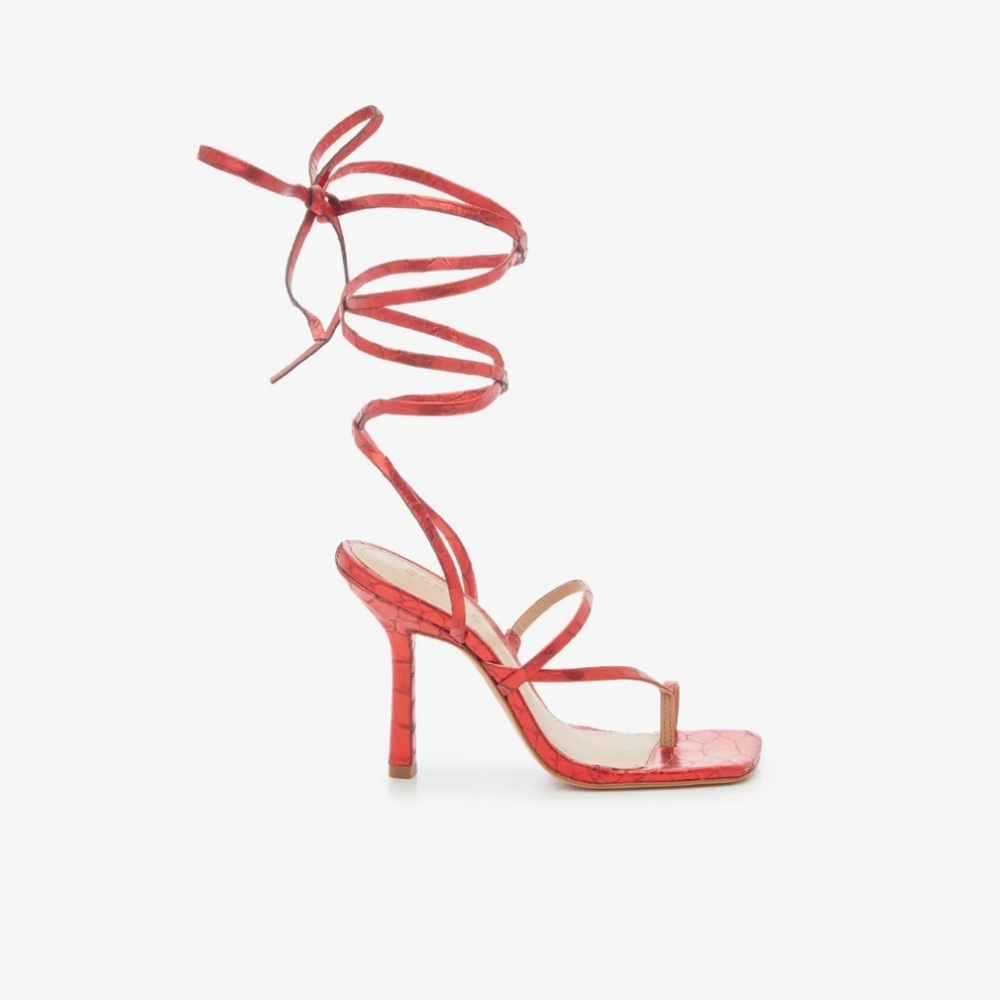 Schutz Krist Red Metallic Croc Embossed Leather Tie Up Wrap Heels Size 8🔥